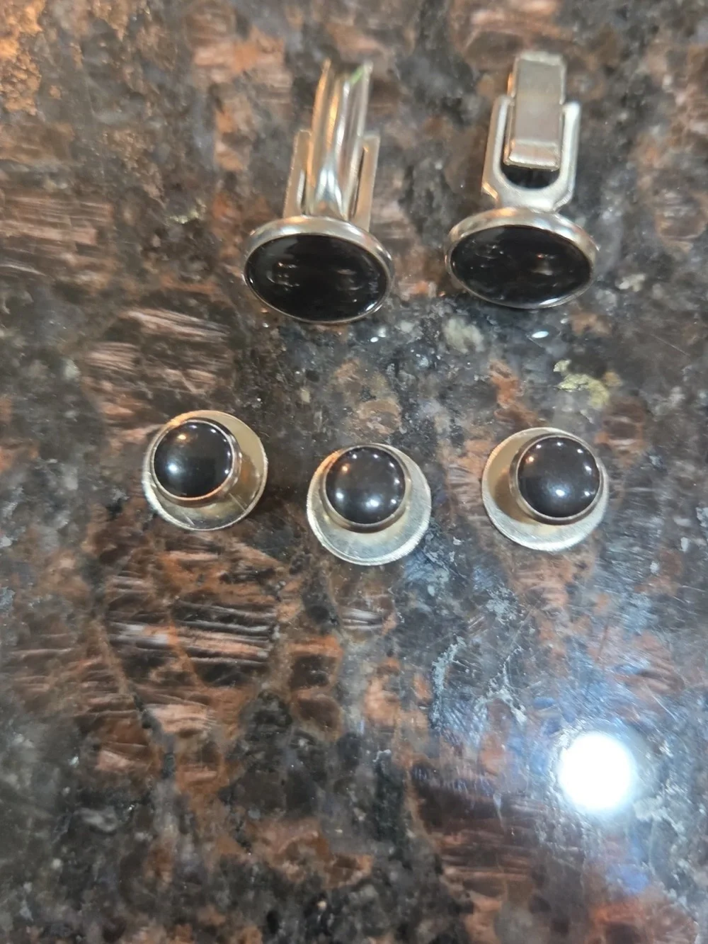 Silver Cufflink and Shirt Stud Set with Black Onyx Cabochons